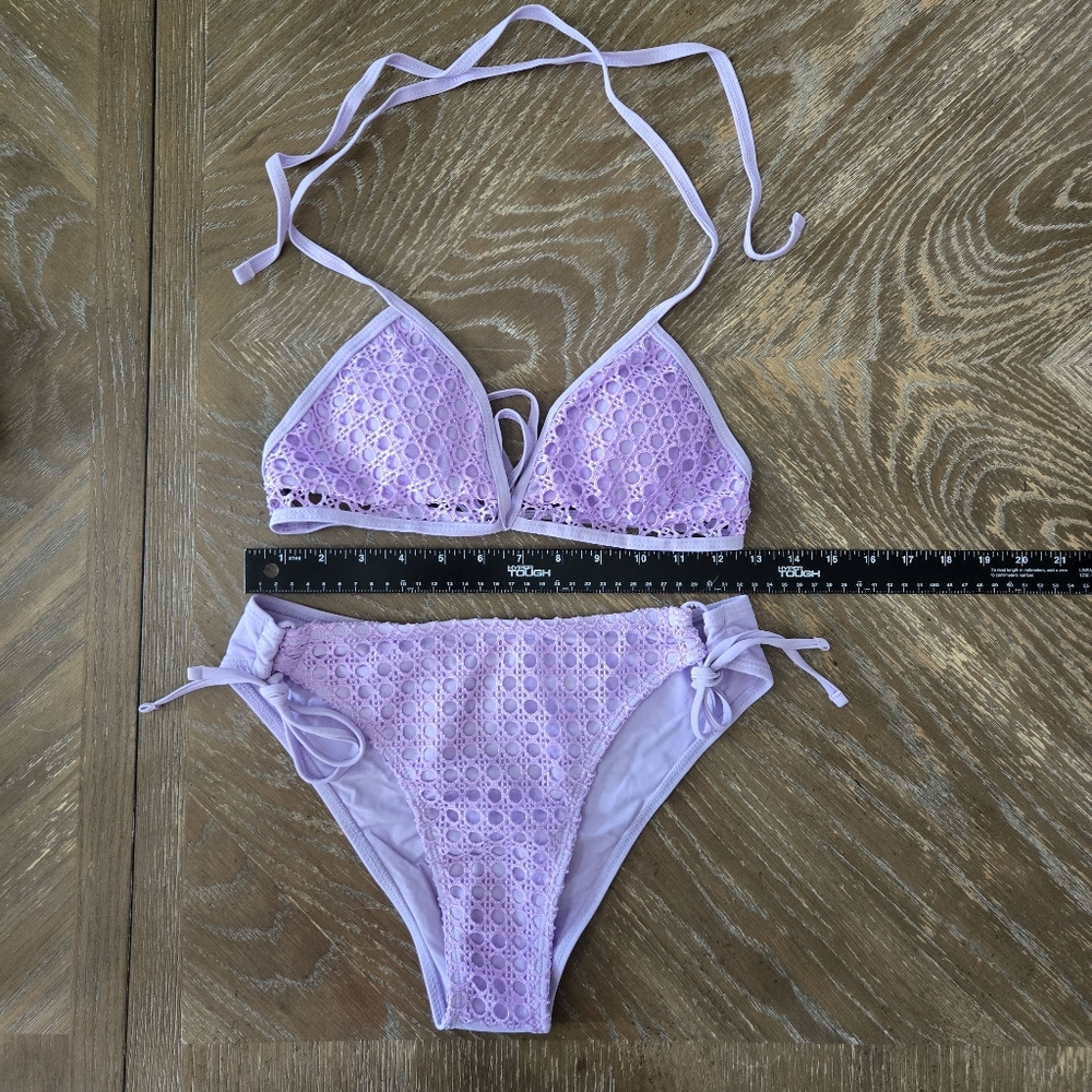 NWOT Zaful Lavender Crochet Bikini Set Medium | Triangle Top & Side-Tie Bottoms